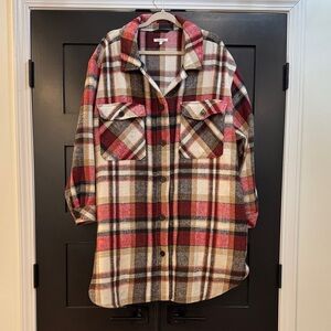 Maurices Red, Cream & Brown Plaid Utility Shacket